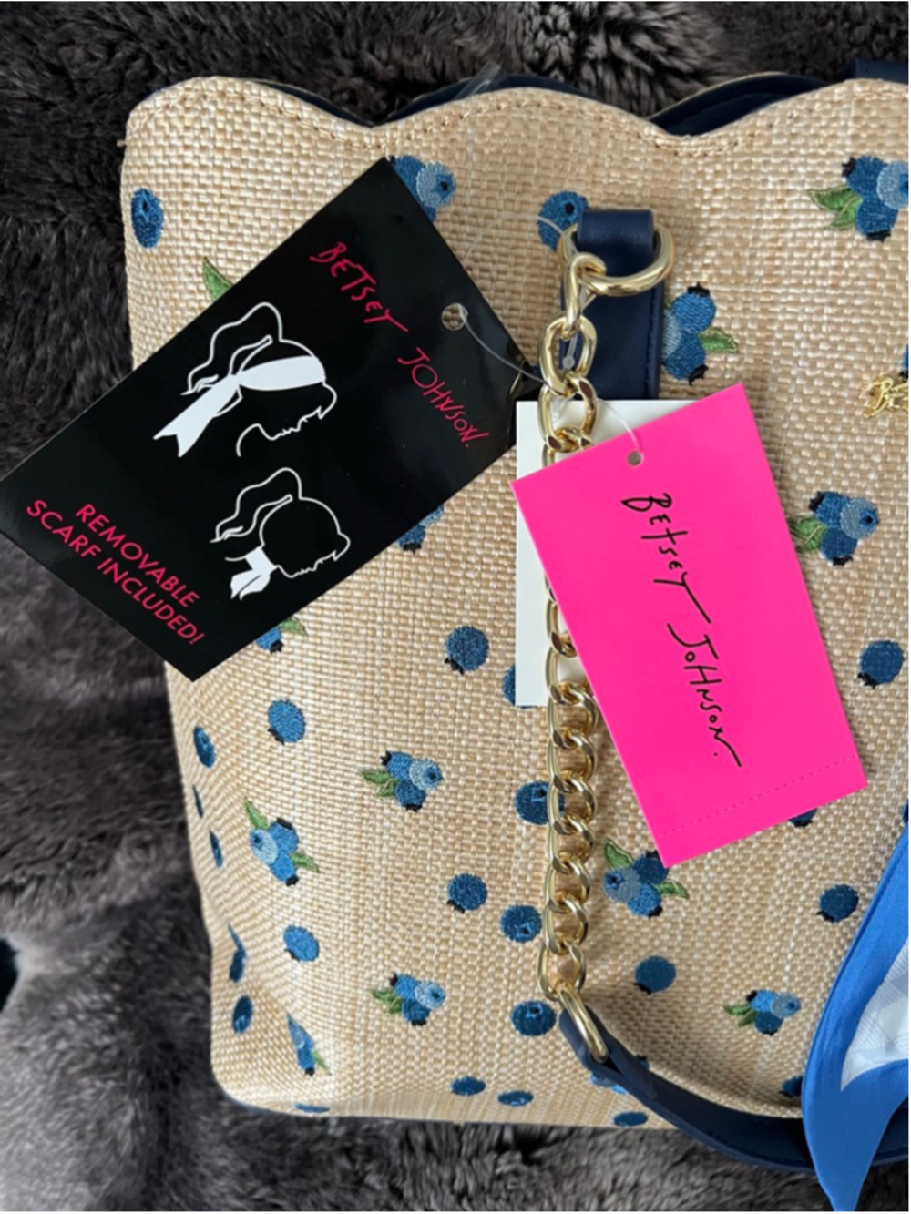 Women's Betsey Johnson Tote Bag One Size Beige Blue Blueberry Print - Picture 7 of 11